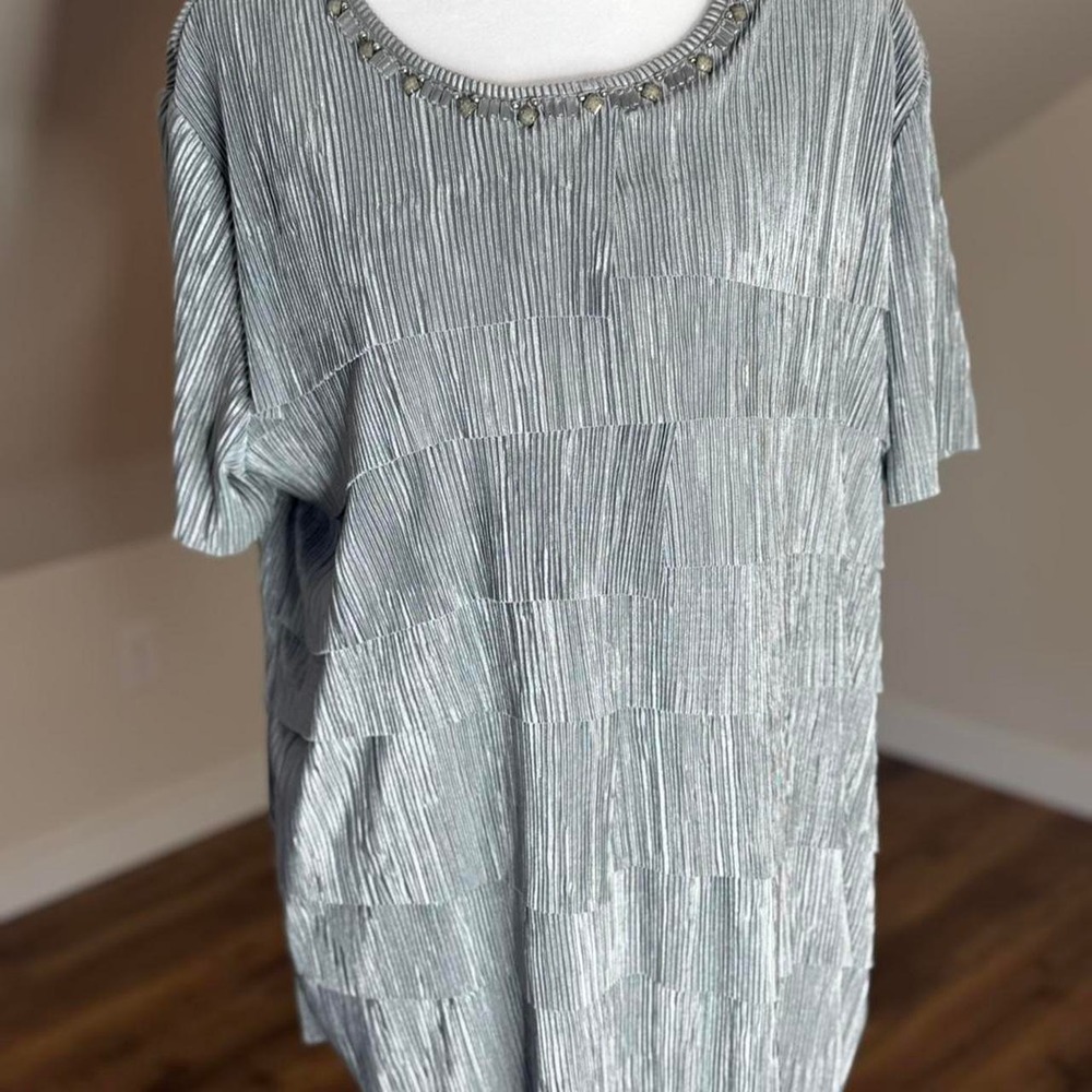 Alfred Dunner silver‎ metallic pleated blouse with beaded neckline